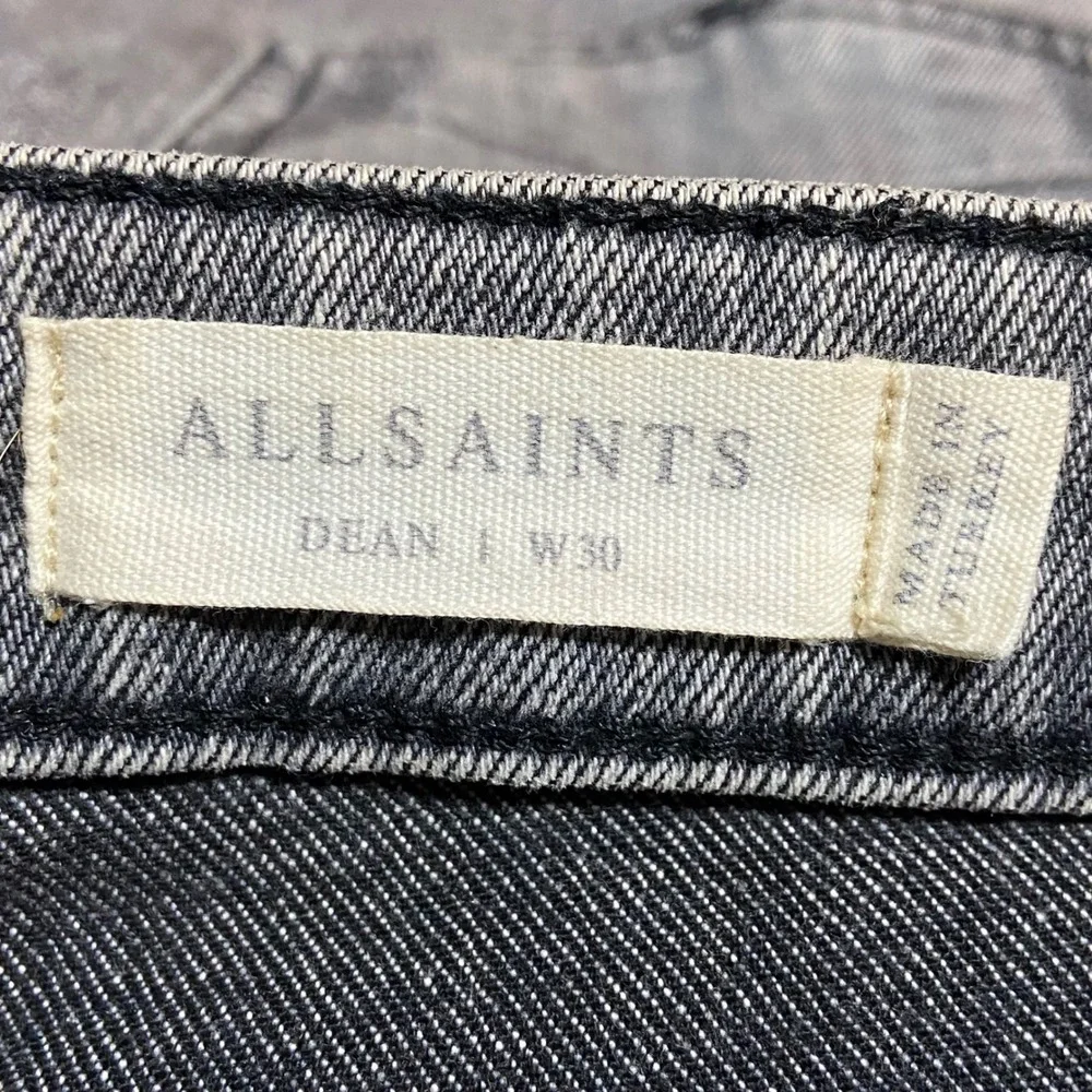 AllSaints Dean Slim Straight Grey Faded Jeans Size 30 Button Fly Raw Hem Grunge